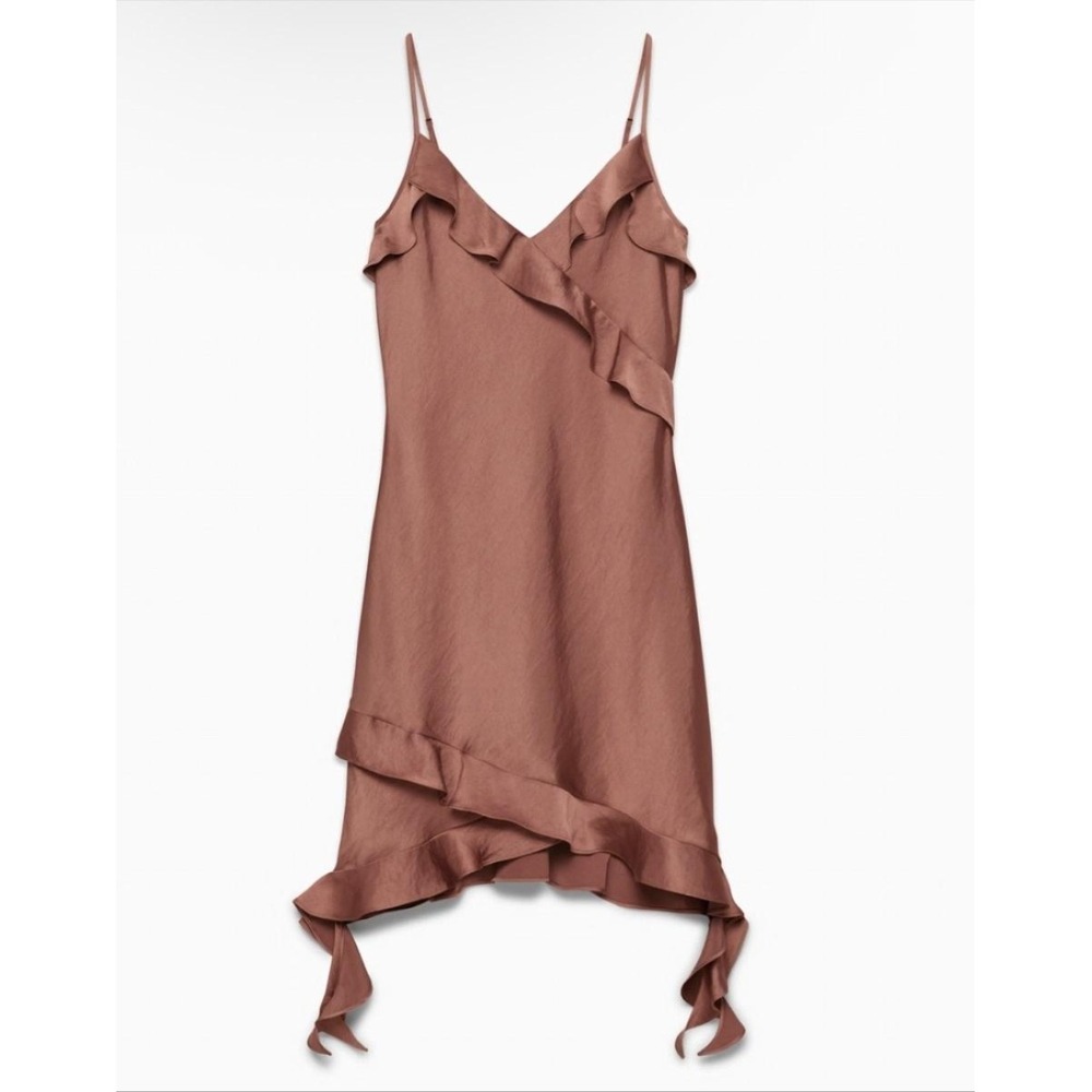 Wilfred Botanical Satin Dress Womens L Brown Slip Ruffle Mini Aritzia Strappy